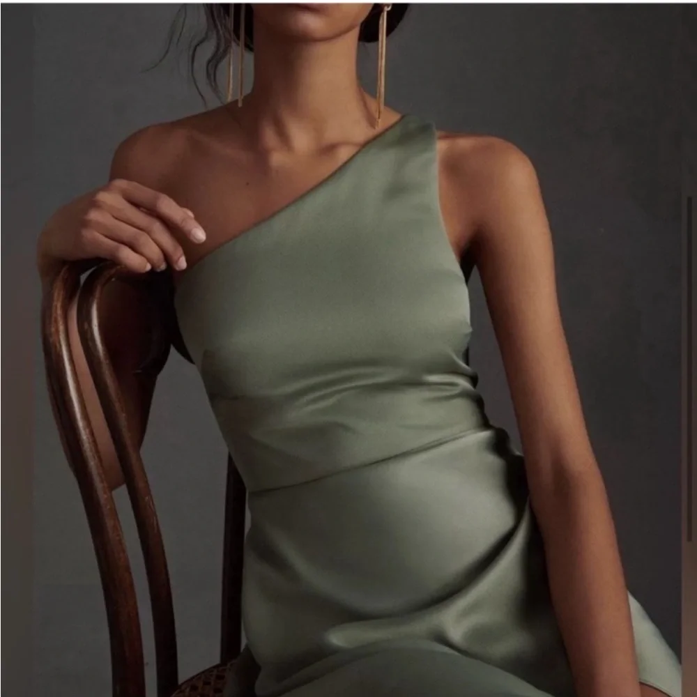 BHLDN Anthropologie Dylan One Shoulder Satin Side Slit Gown Green NEW Size 6 - Picture 13 of 13